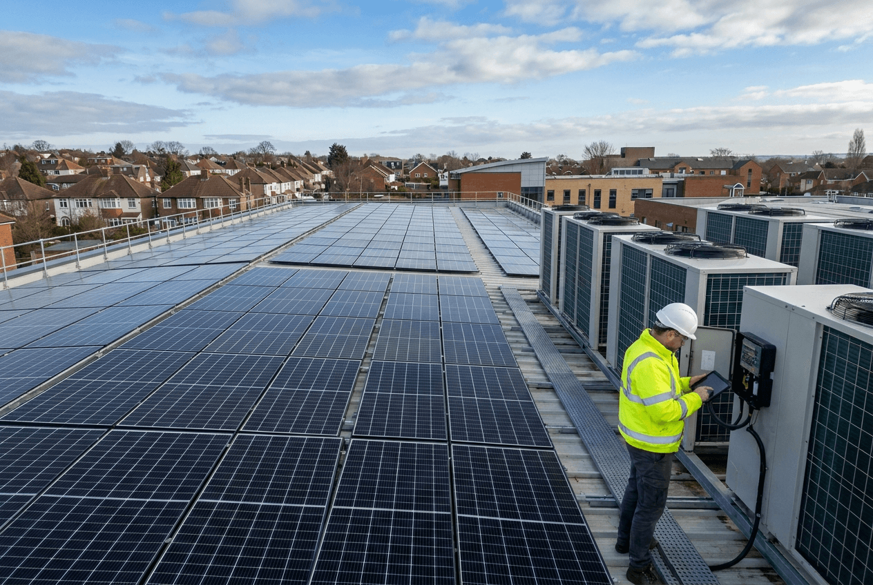 Rossair engineer commissioning rooftop plant beside a solar PV array